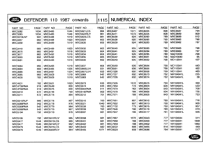 Page 1116
~`L
aR
DEFENDER
110
1987
onwards
111151
NUMERICAL
INDEX

P
ART
NO
PAGE
PART
NO
PAG
E
PART
NO
PAGEPARTNO
_
PAGE
PART
NO
PAGEPARTNO
PAG
E

MXC3282
1034
MXC5480
1044
MXC5821
LCS
984
MXC6407
1071
MXC8224
808
MXC9587
794

MXC3283
1034
MXC5480
1046
MXC5822RUY
981
MXC6411
1073
MXC8225
808
MXC9689
809

MXC3319LNP
922
MXC5488
1019
MXC5823LCS
981
MXC6538
924
MXC8282
789
MXC9689
812

MXC3357
660
MXC5488
1023
MXC5829
802
MXC6538
925
MXC8282
793
MXC9982
786

MXC3358
660
MXC5489
1019
MXC5830
805
MXC6539
924
MXC8283...