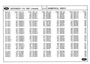 Page 1118
DEFENDER
110
1987
onwards
111171
NUMERICAL
INDEX

PART
NO
,
P
AGE
_PART
NO
PAGE
_PAR
T
NO
PAGE
PART
NO
P
AGE
PART
NO
PAGE
PART
NO
PAGE

NH110041L
131
NH604041L
49
NM105011
856
NN108021
624
NRC2864
270
NRC4772
488

NH110041L
163
NH604041L
556
NM105011
860
NN109021
719
NRC3301
252
NRC4775
488

NH110041L
177
NH604041L
558
NM105011
904
NN108021
721
NRC3314
256
NRC4776
576

NH110041L
256
NH605041L
583
NN105011
574
NN108021
750
NRC3406
603
NRC4776
577

NH110041L
28
NH605041L
1027
NN105021L
1069
NN108021
775...