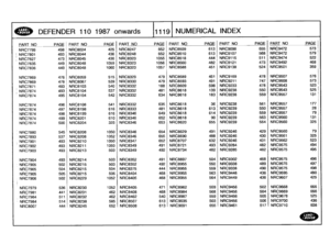 Page 1120
t
~
DEFENDER
110
1987
onwards
111191
NUMERICAL
INDEX

P
ART
NO
PAGE
PART
NO
P
AGE
_PART
NO
PAGE
PART
NO
PAGE
PART
NO
PAGE
PART
NO
PAGE

NRC7799
498
NRC8024
425
NRC8247
652
NRC8509
613
NRC9098
655
NRC9472
573

NRC7801
493
NRC8044
436
NRC8248
652
NRC8510
613
NRC9107
568
NRC9472
579

NRC7827
473
NRC8045
436
NRC8323
1055
NRC8518
444
NRC9115
511
NRC9474
522

NRC7835
449
NRC8048
1059
NRC8323
1056
NRC8560
482
NRC9121
473
NRC9492
468

NRC7836
449
NRC8048
1060
NRC8323
1057
NRC8588
451
NRC9138
524
NRC9501
359...