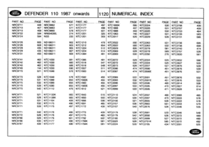 Page 1121
R~VE
-
"~
DEFENDER
110
1987
onwards
111201
NUMERICAL
INDEX

PARTNO
PAGE
PART_
NO
P
AGE
PAR
T
NO
__PAGE
PART
NO
PAGE
_PART
NO
PAGEPART
N
O
PAG
E

NRCS711
448
NRC9862
577
NTC1177
497
NTC1800K
585
NTC2224
530
NTC2706
439
NRC9713
407
NRC9863
577
NTC1177
498
NTC1888
437
NTC2225
531
NTC2707
439
NRC9713
409
NRC9865
578
NTC1177
501
NTC1888
443
NTC2225
532
NTC2723
464!,
NRC9722
584
NR604090L
274
NTC1201
325
NTC1963
745
NTC2227
531
NTC2726
583
NRC9724
584
NSS
233
NTC1201
359
NTC2017
520
NTC2229
526
NTC2731...