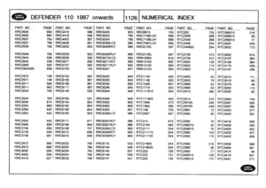 Page 1127
:
~
DEFENDER
110
1987onwards
1
1126
1
NUMERICAL
INDEX

PAR
T
NO
PAGE
PART
N
O
PAGE
PART
NO
PAGE
PART
.
N
O
-
PAG
E
PAR
T
NO
-
_
-
PAGE
PART
NO
PAGE
I

RRC2635
683
RRC4419
586
RRC6245
823
RRC6874
743
RTC222
733
RTC299310
216
RRC2636
682
RRC4419
590
RRC6253
795
RRC719OLUH
936
RTC2348
268
RTC299310
26
RRC2637
763
RRC4422
907
RRC6254
795
RRC7198LUH
936
RTC2349
268
RTC299310
77
RRC2637
766
RRC5528
561
RRC6268LCS
986
RRC7587LUH
936
RTC2408
254
RTC3022
526
RRC2638
763
RRC5533
835
RRC6269RCF
986
RR02125L
597...