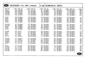 Page 1137
`"
`
DEFENDER
110
-
1987
onwards
111361
NUMERICAL
INDEX
PART
NO
-
PAGE
-
_PART
NO
PAGE
PART
NO_
PAGE
PA
RT_NO
PAGE
P
ART
NO
PAGE
PART
NO
PAGE

UKC18L
320
UKC3798L
572

-

UTP1883
627
WA105001L
101
WA105001L
752
WA106041L
1060
UKC2089L
322
UKC3799L
278
WA103001L
821
WA105001L
149
WA105001L
771
WA106041L
1061
UKC2089L
356
1
UKC3799L
279
WA104001L
225
WA105001L
152
WA105001L
784
WA106041L
10641
UKC2105L
322
UKC3802L
279
WA104001L
38
WA105001L
196
WA105001L
807
WA106041L
10731
UKC2105L
356
UKC3803L
151...