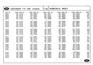 Page 1146
LAND~
I
DEFENDER
110
1987
onwards
111451
NUMERICAL
INDEX

PART
N
O
PAGE
P
ART
NO
_PAGE
PART
NO
PAGEPART
NO
PAGEPART
NO
PAGEPARTNOPAGE

330553
902
331249
893
332672
1045
334611
860
338554
859
346786
726

330553
903
331249
895
332672
1046
334614
826
338554
865
346796
666

330553
905
331273
961
332674
1045
334615
869
339935
893
346804
1012

330578
900
331480
953
332674
1046
334966
760
339935
895
346849
775

330578
904
331481
953
332942
813
336288
994
339935
899
346878
799

330578
906
331481
955
333032
797...