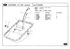 Page 131
DEFENDER
110
1987
onwards

	

130
ENGINE

2

Model

Page

DEFENDER
110
1987
onwards

AFBHDA1A

ENGINE
-
SUMP
-
2
.5
DIESEL
TURBO

7
111
.
Part
No
.
Description
Oty
Remarks

1
ERR4716
Sump-crankcase
1
2
599552
Plug
drain
1
3
FRC4808
Washer
joint-Plug
1
4
SH108161L
Screw
225
WL108001L
Washer
spring
22
6
ERC8980
Tube-dipstick
1
7
532387
Ring
sealing-tube
1
8
ETC7867
Dipstick
1 