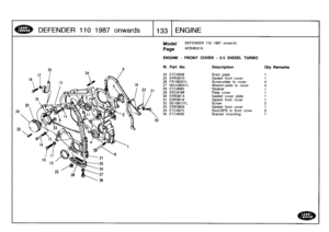 Page 134
DEFENDER
110
1987
onwards

	

11331
EN
GINE

Model

Page

DEFENDER
110
1987
onwards

AFBHEA1A

ENGINE
-
FRONT
COVER
-
2
.5
DIESEL
TURBO

III
.
Part
No
.
Description
Oty
Remarks

24
ETC4058
Drain
plate
1
25
ERR3615
Gasket
front
cover
1
26
FS
106201L
Screw-plate
to
cover
4
27
WA106041
L
Washer-plate
to
cover
4
28
ETC4063
Strainer
1
29
ERC9199
Plate
cover
1
30
ERR3614
Gasket
cover
plate
1
31
ERR3616
Gasket
front
cover
1
32
SE106121L
Screw
3
33
ERR3604
Gasket
front
cover
1
34
ETC4873
Stud-DPS
to
front...