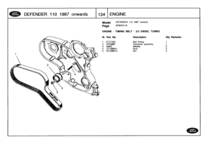 Page 135
DEFENDER
110
1987
onwards

	

134
ENGINE

Model

	

DEFENDER
110
1987
onwards

PageAFBHECIA

ENGINE
-
TIMING
BELT
-
25
DIESEL
TURBO

111
.
Part
No
.
Description
Oty
Remarks

1
ETC7333
Belt
timing
1
2
ERC8861
Tensioner
assembly
1
3
4594L
Washer
2
4
TE108061L
Stud
25
NY108041L
Nut
2 