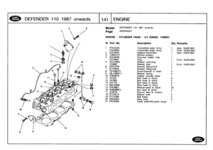 Page 142
DEFENDER
110
1987
onwar
ds

	

141
t
ENGINE

9

Model

Page

DEFENDER
110
1987
onwards

AFBHGA2A

ENGINE
-
CYLINDER
HEAD
-
25
DIESEL
TURBO

5183C
25184C
5183C

25184C
25184C

Ill
.
Part
No
.
Description
Oty
Remarks

1
PRC2505
Transmitter-water
temp
1
Upto
19J
PRC6663
Transmitter-water
temp
1
From
19
2
ERG9432
Adaptor-transmitter
1
Upto
19J
3
10802070
Washer-adaptor
1
4
ERC9448
Plug-rear
heater
hole
1
RTC6851
Plug
1
From
19
5
AFU1890L
Washer
joint-plug
1
243960
Washer
joint
1
From
19
6
ERC2254
Bracket...