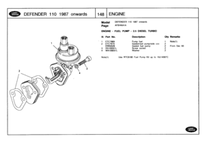 Page 149
DEFENDER
110
1987
onwards

	

1148
ENGINE

Model

Page

DEFENDER
110
1987
onwards

AFRHKA1A

ENGINE
-
FUEL
PUMP
-
25
DIESEL
TURBO

93

Note(1)

	

Use
RTC6180
Fuel
Pump
Kit
up
to
19J14097C

111
.
Part
No
.
Description
Qty
Remarks

1
ETC7869
Pump
fuel
1
Note(1)
2
ETC7970
Gasket-fuel
pump/side
cov2
ERR2028
Gasket
fuel
pump
2
From
Dec
3
SS108301L
Screw
socket
24
WA108051L
Washer
2 