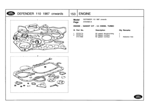 Page 154
DEFENDER
110
1987
onwards

	

153
ENGINE

________________________________1
----------------------------------------

I
___________________________________2
_______________________________________-

Model

Page

DEFENDER
110
1987
onwards

AFBHMA1A

ENGINE
-
GASKET
KIT
-
2
.5
DIESEL
TURBO

free

III
.
Part
No
.
Description
Oty
Remarks

1
RTC5774
Kit
gasket
decarbonising
1
2
RTC5775
Kit
gasket
overhaul
1
STC1558
Kit
gasket
overhaul
1
Asbestos 