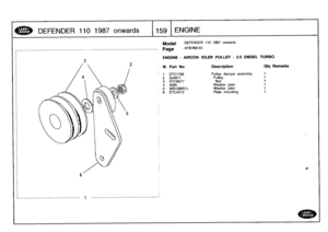 Page 160
DEFENDER
1101987
onwards

	

159
ENGINE

-------------------------------------
1
-----------------------------------------

Page

DEFENDER
110
1987
onwards

AFBHNE4A

ENGINE
-
AIRCON
IDLER
PULLEY
-
25
DIESEL
TURBO

111
.
Part
No
.
Description
Oty
Remarks

1
ETC7756
Pulley
damper
assembly
1

2
554971
Pulley
1

3
RTC6077
Nut
1
4
4095
Washer
plain
1

5
WB108051L
Washer
plain
1

6
ETC4212
Plate
mounting
1 