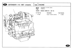 Page 169
DEFENDER
11
0
1
98
7
onwards

	

168
ENGINE

Model

Page

111
.
Part
No
.

	

Description

	

Oty
Remarks

Enginecomplete
assembly

	

1

	

11L00001
1
STC308

DEFENDER
110
1987
onwards

AFBMAA1
A

ENGINE
-
ENGINE
COMPLETE
-
200TDI 