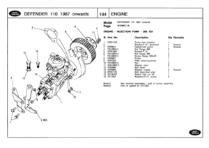 Page 195
DEFENDER
110
1987
onwards

	

194
ENGINE

Model

Page

DEFENDER
1101987
onwards

AFBMKCIA

ENGINE
-
INJECTION
PUMP
-
200TDI

Note(1)

	

Not
stocked
separately
-
part
of
pump
assembly
Note(2)

	

Part
of
gasket
kit
STC363

III
.
Part
No
.
Description
City
Remarks

1
ERR1333
Pump
fuel
injection
1
2
Bracket-F
.1
E
abutment
t
Note(7)
3
ERR631
Gasket-fuel
pump
1
Note(2)
4
FN
108041L
Nut
flange
MS
3
5
ERR1662
Bracket-F
.I
.E
.
1
6
FN
108041L
Nut
flange
M8
27
FS108201L
Screw
flange
M8x20
28
ERR667
Pulley
1
9...