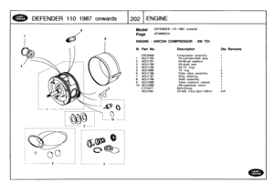 Page 203
DEFENDER
1101987
onwards

	

1202
1
ENGINE

Model

Page

DEFENDER
110
1987
onwards

AFBMNE2A

ENGINE
-
AIRCON
COMPRESSOR
-
200
TDI

III
.
Part
No
.
Description
Oty
Remarks

ERC6480
Compressor
assembly
11
AEU1792
Kit-cylinder/shaft
assy
1
2
AEU1791
Kit-thrust
washers
1
3
AEU1790
Kit-shaft
seal
1
4
AEU1192
Kit-O
rings
1
5
AEU1690
O
ring
26
AEU1788
Plate
valve
assembly
4
7
AEU1787
Ring
retaining
48
AEU1786
Shell
assembly
1
9
AEU1689
Valve
pressure
release
1
10
AEU1688
Kit-superheat
switch
t
ETC4371...