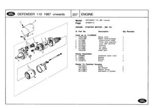 Page 208
DEFENDER
1101987
onwards
207
ENGINE

Model

Page

III
.
Part
No
.

Starter
Heatshield
8
ERR806
9
ERR807
10
ERR808
11
FS105107

Starter
To
Flywheel
FS110301L
FN110041L
WL110001L
BH110091L

DEFENDER
110
1987
onwards

AFBMPE1
A

ENGINE
-
STARTER
MOTOR
-
200
TDI

Used
up
to
111_24823A
1
PRC5109N
PRC5109E
2
RTC4981
3
RTC4982
4
RTC4979
5
RTC4978
6
RTC4980
7
RTC4983
PRC5538

Description

Starter
motor
Starter
motor-exchange
Inductor-brush
holderPinion
drive
assembly
Lever
shift
assembly
Solenoid
Kit
repair...