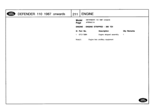 Page 212
DEFENDER
110
1987onwar
ds

	

1211
ENGINE

Model

Page

DEFENDER
110
1987
onwards

AFBNAC1A

ENGINE
-
ENGINE
STRIPPED
-
300
TDI

III
.
Part
No
.

	

Description

	

Qty
Remarks

1
STC1736N

	

Engine
stripped
assembly

	

t

Note(1)

	

Engine
less
ancillary
equipment 