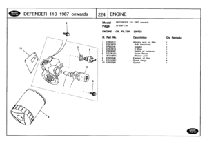 Page 225
DEFENDER
110
1987
onwards

	

1
224
1
ENGINE

Model

	

DEFENDER
110
1987
onwards

Page
AFBNFC1A

ENGINE
-
OIL
FILTER
-
300TDi

111
.
Part
No
.
Description
Oty
Remarks

1
ERR2317
Adaptor
assy
oil
filter
1
2
ERC5923
Bulb
thermostat
1
3
ERR2241
Adaptor
1
4
ERC5913
0
Ring
1
5
PRC6387
Switch
oil
pressure
1
6
FS106161
Screw
flange
27
AFU1887L
Washer
joint
1
8
ERR3340
Element
oil
filter
1
9
FS110301
Screw
flange
4
10
ERR3283
Gasket
1 