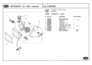 Page 233
DEFENDER
1101987onwards
1232
ENGINE

---------------------------------------------------------
I
-------------------------
Page

Model
DEFENDER
110
1987
onwards

AFBNGK1
A

ENGINE
-
THERMOSTAT
-
300TDI

III
.
Part
No
.
Description
Oty
Remarks

1
ERR3479
Housing
thermostat
1
ERR5098
Housing
thermostat
1
Air
con2
ERR3291
Thermostat
1
3
ERR4685
0
Ring
1
4
ERR4686
Plug
coolant
filler
1
5
ERR3622
Pipe
stub
1
6
ERR3737
Connection
water
outlet
1
ERR3738
Connection
water
outlet
1
Air
con7
FS108251
Screw...