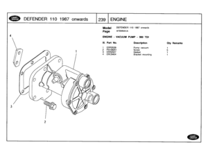 Page 240
DEFENDER
11
0
1987
onwards

	

(239
ENGINE

4
2

Model

Page

DEFENDER
110
1987
onwards

AFBNNA1A

ENGINE
-
VACUUM
PUMP
-
300TDI

III
.
Part
No
.
Description
Qty
Remarks

1
ERR3539
Pump
vacuum
1
2
FS108201
Screw
53
ERR2027
Gasket
1
4
ERC9404
Bracket
mounting
1 