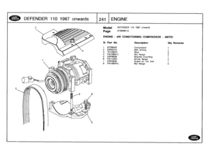 Page 242
DEFENDER
11
0
1
9
87
onw
a
r
ds

	

1241
ENGINE

Model

Page

ENGINE
-
AIR
CONDITIONING
COMPRESSOR
-
300TDI

DEFENDER
110
1987
onwards

AFBNNE1A

III
.
Part
No
.
Description
Oty
Remarks

1
BTR8505
Compressor
1
2
ERR2215
Belt
driving
1
3
TE108221
Stud34
FN108041L
Nut
flange
35
ERR4638
Bracket
mounting
1
6
FS110301
Screw
flange
47
ERR4639
Guard
air
con
belt
1
8
FNIO8041L
Nut
flange
3 