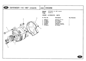 Page 244
DEFENDER
110
1987
onwards

	

1243
EN
GINE

Model

Page

DEFENDER
110
1987
onwards

AFBNPC1A

ENGINE
-
ALTERNATOR
-
300TDI

III
.
Part
No
.
Description
Oty
Remarks

1
AMR3412
Alternator
65
Amp
t
2
FB108251
Bolt
flanged
1
3
FS108301L
Screw
flanged
1
4
FX108047L
Nut
flanged
1
5
ERR4859
Heatshield
alternator
1
6
AMR2217
Nut/washer
alternator
3
7
FN105041L
Nut
flanged
1 