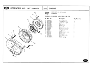 Page 246
DEFENDER
110
1987
onwards

	

1245
ENGINE

Model

Page

ENGINE
-
FLYWHEEL
&
CLUTCH
-
300TDI

DEFENDER
110
1987
onwards

AFBNRA1A

III
.
Part
No
.
Description
Qty
Remarks

1
ERR4723
Housing
flywheel
1
2
TE110061L
Stud
bell
housing
13
3
TE110051
Stud
m10
x25
1
4
ERC7295
Plug
I
5
FS110301
Screw
flange
6
6
FB110071
Boltflange
2
7
WA110061L
Washer
2
8
ERC9404
Bracket
harness
clip
2
9
ERR719
Flywheel
assembly
1
10
568431
Ring
starter
1
11
502116
Dowel
3
12
ERR4574
Bolt
flywheel
to
crank
8
13
FTC575
Clutch...