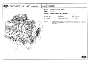 Page 249
DEFENDER
110
1987
onwards
J248
ENGINE

Model

Page

III
.
Part
No
.

1
ETC8445

Note(1)

DEFENDER
110
1987
onwards

AFBQAA1A

ENGINE
-
ENGINE
COMPLETE
-
VS
CARB

Description

	

City
Remarks

Engine
complete
assy

	

1

	

Note(1)

Engine
prefix
24G,engine
is
basic
specification
and
does
not
include
Air

Con/Power
Steering,engine
is
without
Air
Rails
and
Detoxed
through
the
Carburetters 