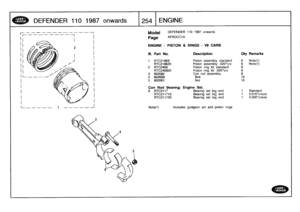 Page 255
DEFENDER
110
1987onwards

	

1254
ENGINE

_

	

2

.

	

J
.1
1

I
L---

Model

Page

DEFENDER
110
1987
onwards

AFBCCC1A

ENGINE
-
PISTON
&
RINGS
-
V8
CARB

Note(1)

	

Includes
gudgeon
pin
and
piston
rings

III
.
Part
No
.
Description
Oty
Remarks

1
RTC2186S
Piston
assembly
standard
8
Note(1)
RTC218620
Piston
assembly
.020o/s
8
Note(1)
2
RTC2408
Piston
ring
kit
standard
8
RTC240820
Piston
ring
kit
.020o/s
83
602082
Con
rod
assembly
84
602609
Bolt
16
5
602061
Nut
16

Con
Rod
Bearing
:
Engine
Set
.
6...