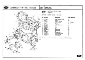 Page 258
DEFENDER
1101987
onw
a
r
ds

	

1257
ENGINE

16

6

Model

Page

ENGINE
-
FRONTCOVER
-
V8
CARB

DEFENDER
110
1987
onwards

AFBQEA1A

1

	

Note(t)

	

Not
to
be
used
when
new
oil
seal
ERR1632
is
fitted

III
.
Part
No
.
Description
Qty
Remarks

1
ETC7385
Cover
assembly
front
t
2
602201
Dowel
23
ERRi632
Seal
oil
twin
lip
1
4
247766
Mud
excluder
1
)Note(i)
5
78782Screw
8
)
154545
Plug
cup
1
6
ERR4936
Gasket
front
cover
1
7
90602202
Dowel
2
8
BH505241L
Bolt
1
9
SH505091L
Screw
2
10
602388
Bolt
1
11...