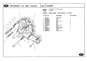 Page 259
DEFENDER
110
1987
onwards

	

1258
ENGINE

4

Model

Page

DEFENDER
110
1987
onwards

AFBQEE1A

ENGINE
-
WATER
PUMP
-
NON
VISCOUS
-
V8
CARB

111
.
Part
No
.
Description
Qty
Remarks

1
STC1611
Pump
water
1
2
ERR2428
Gasket
1
3
BH505401L
Bolt
34
BH505381
L
Bolt
1
5
WA108051
L
Washer
plain
46
BH504101L
Bolt
67
BH504151L
Bolt
28
BH504161
L
Bolt
1
9
WC
106041L
Washer
plain
9
10
252516
Stud
1
11
4421
Washer
plain
1
12
WM600051L
Washer
spring
1
13
NT605041L
Locknut
1
14
BH505121L
Bolt
1
15
WM600051L
Washer...