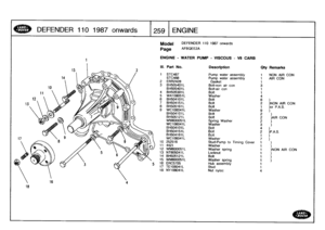 Page 260
DEFENDER
110
1
98
7o
nw
a
r
ds

	

1259
ENGINE

18

Model

Page

ENGINE
-
WATER
PUMP
-
VISCOUS
-
V8
CARB

DEFENDER
110
1987
onwards

AFBQEE2A

III
.
Part
No
.
Description
Oty
Remarks

1
STC487
Pump
water
assembly
1
NON
AIR
CON
STC488
Pump
water
assembly
1
AIR
CON
2
ERR2428
Gasket
1
3
BH505401
L
Bolt-non
air
con
3
BH505401L
Bolt-air
con
1
4
BH505381L
Bolt
1
5
WA108051L
Washer
4
6
BH504101L
Bolt
6
)
7
BH504151L
Bolt
2
)NON
AIR
CON
8
BH505161L
Bolt
1
)or
P
.A.S
.
9
WC106041L
Washer
9
)
BH504101L
Bolt
2
)...