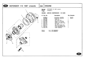 Page 285
DEFENDER
1101987
onwards

	

1284
ENGINE

Model

Page

DEFENDER
110
1987
onwards

AFBCNEIA

ENGINE
-
AIRCON
COMPRESSOR
-
V8
CARB

Note(1)

	

Up
to
VIN
MA949374
Note(2)

	

From
VIN
MA949375

III
.
Part
No
.
Description
Oty
Remarks

BTR9419
Compressorassembly
1
Note(2)
ERC6480
Compressorassembly
1
Note(1)
1
AEU1782
Pulley
rim
I
2
AEU1694
Key
clutch
hub
1
3
AEU1780
Screw
rim
mounting
6
4
AEU1779
Washer
rim
mounting
6
5
AEU1784
Screw
and
washer
assy
4
6
AEU1775
Nut
shaft
1
7
AEU1778
Coil
and
housingassy...