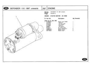 Page 298
DEFENDER
110
1987
onwards

	

1297
ENGINE

Model

Page

DEFENDER
110
1987
onwards

AFBQPEIA

ENGINE
-
STARTER
MOTOR
-
V8
CARIB

III
.
Part
No
.

Usedup
to
JAN
1993
1
RTC6061
N

Description

Starter
motor
M78R

Oty
Remarks

1
RTC5049
Solenoid
1
RTC5700
Kit
driveshaft
1
RTC5048
Kit
brushes
t
RTC5563
Bush
kit
1
608395
Kit
retention
1
RTC5577
Kit
sundry
parts
1
SS506121
L
Screw
starteriblock
2
WM600061L
Washer
spring
2WA110061L
Washer
plain
2 