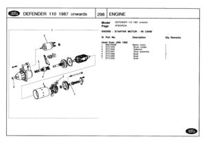 Page 299
DEFENDER
110
1987onwards

	

298
]
ENGINE

--------------------------------------
1
------------------------------------------
ENGINE
-
STARTER
MOTOR
-
V8
CARB

Model

Page

DEFENDER
110
1987
onwards

AFBOPE2A

III
.
Part
No
.
Description
Oty
Remarks

Used
from
JAN
1993
1
NAD10038
Starter
motor
t
2
STC1243
Brush
holder
1
3
STC1242
Solenoid
1
4
STC1241
Drive
assembly
1
5
STC1250
Bush2
6
STC1252
Bush
1
7
STC1253
Bush
t 