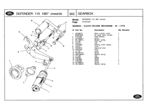 Page 304
DEFENDER
110
1987
onwards

	

303
GEARBOX

Model

Page

GEARBOX
-
CLUTCH
RELEASE
MECHANISM
-
VS
-
LT77S

DEFENDER
110
1987
onwards

AFCDCA2A

111
.
Part
No
.
Description
Oty
Remarks

1
UKC8677L
Slave
cylinder
clutch
1
BHM7063L
Kit
repair
slave
cylinder
1
2
FRC2402
Plate
backing
1
3
SH108251L
Screw
2
4
WL108001L
Washer
spring
2
5
571160
Push
rod
1
6
576723
Clip
1
7
FRC9568
Bearing
clutch
release
1
8
576137
Lever
1
9
FRC2975
Cap-pivot
lever
1
10
FRC2528
Pivot
1
11
571161
Insert
1
12
SH106101L
Screw
1
13...