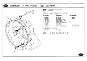 Page 305
DEFENDER
1101987
onwards

	

304
GEARBOX

Model

Page

DEFENDER
110
1987
onwards

AFCDEA1A

Note(1)

	

For
gearbox
Serial
Number
50Aand56A
Note(2)

	

For
gearbox
Serial
Number
60A
and
61A

GEARBOX
-
CLUTCH
HOUSING
-
LT77/LT77S

111
.
Part
No
.
Description
Oty
Remarks

1
FRC9865
Bell
housing
1
Note(1)
FRC6154
Bell
housing
t
Note(2)
2
BW
12091L
Bolt-housing
to
g/box
23
SH112301L
Screw-housing
to
g/box
44
WL712001
L
Washer
spring
65
WA112081L
Washer-housing
to
g/box
2
6
UKC25L
Dowel-hollow
2
FRC8758...