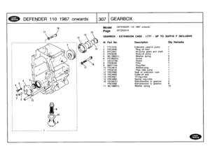 Page 308
DEFENDER
110
1987
onwards

	

1307
GEARBOX

DEFENDER
110
1987
onwards

AFCDGA1A

GEARBOX
-
EXTENSION
CASE
-
LT77
-
UP
TO
SUFFIX
F
INCLUSIVE

111
.
Part
No
.
Description

	

Oty
Remarks

1
FTC1518

	

Extension
case/oil
pump

	

1
14

	

2
FRC4449

	

Ring
oil
feed

	

1
3
RTC2057

	

Kit-pump
gears
and
shaft

	

1
4
FRC6246

	

Body-oil
pump

	

1

5
WL106001L

	

Washer
spring

	

3
6
FS106201L

	

Screw

	

3
7
UKC2738L

	

Dowel

	

2

8
FRC6244

	

Filter

	

t
IQ
9

	

90571104

	

Plug
-filter...