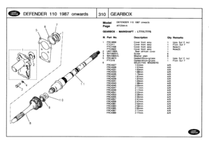 Page 311
DEFENDER
11
0
1
98
7o
n
wards

	

310
GEARBOX

Model

Page

GEARBOX
-
MAINSHAFT
-
LT77/LT77S

DEFENDER
110
1987
onwards

AFCDIA1
A

III
.
Part
No
.
Description
Oty
Remarks

1
FRC4856
Cover
front
assy
1
UptoSuf
E
incl
FTC311
Cover
front
assy
1
From
Suf
F
FTC1438
Cover
front
assy
1
Note(1)
FTC2822
Cover
front
assy
1
Note(3)
2
UKC1060L
Seal
oil-front
cover
1
3
SH108251L
Screw
64
WA708051L
Washer
plain
6
5
FRC4873
Gasket-frVcov-g/case
t
UptoSuf
E
incl
FTC316
Gasket-frVcov-g/case
1
From
Suf
F
6
SELECTIVE...