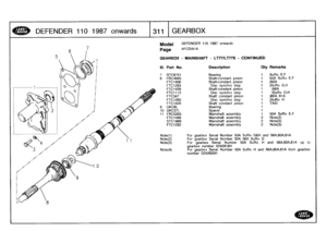 Page 312
DEFENDER
110
1987
onwards

	

311
GEARBOX

Model

	

DEFENDER
110
1987
onwards

Page

	

AFCDIA1
A

GEARBOX
-
MAINSHAFT
-
LT77/LTT7S
-
CONTINUED

Note(1)

	

For
gearbox
Serial
Number
50A
Suffix
G&H
and
56A,60A,61A

Note(2)

	

For
gearbox
Serial
Number
50A
56A
Suffix
G
Note(3)

	

For
gearbox
Serial
Number
50A
Suffix
H
and
56A,60A,61A
up
to
gearbox
number
0242819H
Note(4)

	

For
gearbox
Serial
Number
50A
Suffix
H
and
56A,60A,61A
from
gearbox
number
0242820H

III
.
Part
No
.
Description
Oty
Remarks

7...