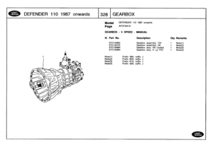 Page 329
DEFENDER
110
1987
onwards

	

328
GEARBOX

Model

	

DEFENDER
110
1987
onwards

PageAFCFAA1A

GEARBOX
-
5
SPEED
-
MANUAL

Note(1)

	

Prefix
56A,
suffix
J
Note(2)

	

Prefix
60A,
suffix
J
Note(3)

	

Prefix
61
A,
suffix
J
Note(4)

	

Prefix
50A,
suffix
J

Ill
.
Part
No
.
Description
Oty
Remarks

STC1546N
Gearbox
assembly
TDI
1
Note(1)
STC1547N
Gearbox
assembly
V8
1
Note(2)
STC1548N
Gearbox
assy
VS
Cooled
1
Note(3)
STC1549N
Gearbox
assy
4
cyl
P/D
1
Note(4) 