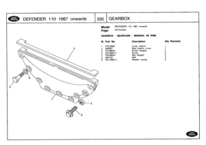 Page 336
DEFENDER
110
1987
onwards

	

335
GEARBOX

Model

Page

DEFENDER
110
1987
onwards

AFCFEA3A

GEARBOX
-
GEARCASE
-
MANUAL
VS
R380

III
.
Part
No
.
Description
Oty
Remarks

1
FRC2859
Cover
bottom
1
2
594087
Seal
bottomcover
1

3
FS106251
Screw
flanged
2

3
SH106351L
Screw
54
FN106041
Nut
flanged
55
594134
Bolt
2

6
WI-1
08001L
Washer
spring
2 