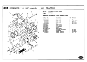 Page 338
DEFENDER
110
1987
onwards

	

337
GEARBOX

15

22

	

Model

	

DEFENDER
110
1987
onwards

Page
AFCFGA1A

14

GEARBOX
-
EXTENSION
CASE
-
MANUAL
R380

111
.
Part
No
.
Description
Oty
Remarks

20FB108081
Flange
bolt
2TDI
FB108081
Flange
bolt
24
Cyl
Petrol

FB108081
Flange
bolt
2
V8
Basic
FB108081
Flange
bolt
1
VS
Cooled
21
FS108301L
Bolt
2
VS
Cooled
22
FTC3711
Shaft
inhibition
1
23
FTC4483
Spring
torsion
1
24
FTC3713
Cam
inhibition
1
25
FTC3587
Interlock
1
26
FS106161
M
Flange
screw
1
27
PRG8873...