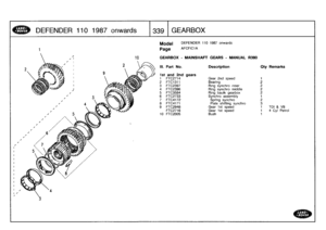 Page 340
DEFENDER
110
1987onwards
-

	

1339

	

GEARBOX

10

	

GEARBOX
-
MAINSHAFT
GEARS
-
MANUAL
R380

III
.
Part
No
.

DEFENDER
110
1987
onwards
AFCFICI
A

Description

	

Oty
Remarks

1st
and2nd
gears
1

	

FTC2714

	

Gear
2nd
speed

	

1
2
FTC1311

	

Bearing

	

23
FTC2397

	

Ring
synchro
inner

	

24
FTC2396

	

Ring
synchro
middle

	

25
FTC3584

	

Ring
baulk
gearbox

	

26
FTC2733

	

Synchro
assembly

	

1
7
FTC4172

	

Spring
synchro

	

28
FTC4171

	

Plate
shifting
synchro

	

3
9
FTC2948...