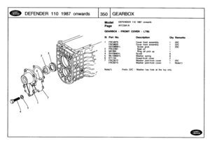 Page 351
DEFENDER
1
10
1
987
onwards

	

350
GEARBOX

Model

Page

GEARBOX
-
FRONT
COVER
-
LT85

Note(1)

DEFENDER
110
1987
onwards

AFCGIA1
A

Prefix
22C
-
Washer
has
hole
at
the
top
only

111
.
Part
No
.
Description
Oty
Remarks

FRC4875
Cover
front
assembly
1
20C
FRC9620
Cover
front
assembly
1
22C
GS108081
L
Screw
grub
t
20C
2
FRC2361
Seal
oil
1
3
591394
Ring
oil
pick
up
1
4
SH108401L
Screw
85
WL108001L
Washer
spring
86
571134
Dowel-front
cover
2
7
FRC3072
Washer
joint-front
cover
1
20C
FRC8215
Washer...