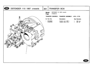 Page 362
DEFENDER
110
19
87
o
nw
a
r
ds

	

1361
TRANSFER
BOX

Model

Page

111
.
Part
No
.

1
FRC9469NFRC9470N

DEFENDER
110
1987
onwards

AFDBAA1A

TRANSFER
GEARBOX
-
TRANSFER
ASSEMBLY
-
4CYL
LT77S

Description

	

Oty
Remarks

Transfer
assy-1
.667
.1

	

1

	

20D
4cyl
Transfer
assy-1
.410
.1

	

1

	

22D
V8 