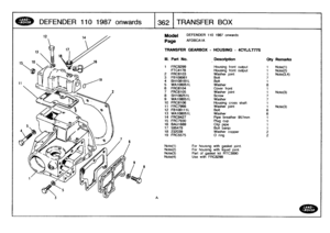 Page 363
D
EFENDER
110
1987
onwards

	

13621
TRANSFER
BOX

A

Model

	

DEFENDER
110
1987
onwards

Page
AFDBCA1A

TRANSFER
GEARBOX
-
HOUSING
-
4CYULT77S

Note(1)Note(2)Note(3)Note(4)

For
housing
with
gasket
joint
.
For
housing
with
liquid
joint
.
Part
of
gasket
kit
RTC3890
Use
with
FRC8299

111
.
Part
No
.
Description
Oty
Remarks

1
FRC8299
Housing
front
output
1
Note(1)
FTC4178
Housing
front
output
1
Note(2)
2
FRC6103
Washer
joint
1
Note(3,4)
3
FB108061
Bott
7
4
BH108181L
Bon
1
5
WA108051L
Washer
86
FRO6104...