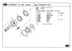 Page 369
DEFENDER
110
1987onwards

	

1368
TRANSFER
BOX

Model

Page

TRANSFER
GEARBOX
-
FRONT
FLANGE
-
4CYL/LT77S

Note(1)

DEFENDER
110
1987
onwards

AFDBIA3A

Part
of
gasket
kit
RTC3890

III
.
Part
No
.
Description
City
Remarks

1
FRC5442
Flange-front
output
1
2
FRC2464
Washer
sealing
2
Note(1)
3
571468Washer
shaft
1
4
NY720041L
Nut-shaft
1
5
BT606101L
Bott-flange
4
6
FRC6121
Mudshield
1
7
FRC7043
Seal
oil
2
Note(t)
8
216962
Circlip
1
9
STCI130
Bearing
1
10
FRC5439
Spacer
1 