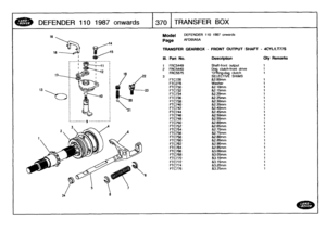 Page 371
DEFENDER
110
1987
onwards

	

t370
[TRANSFER
BOX

13

t---------9
------------

Model

	

DEFENDER
110
1987
onwards

AFDBIA5A
Page

TRANSFER
GEARBOX
-
FRONT
OUTPUT
SHAFT
-
4CYL/LT77S

111
.
Part
No
.
Description
Oty
Remarks

1
FRC5449
Shaft-front
output
1
2
FRC5440
Dog
clutch-front
drive
i
FRC5575
ORing-dog
clutch
1
3
SELECTIVE
SHIMS
FTC726
&2
.00mm
1
FTC278Washer
1
FTC730
&2
.10mm
1
FTC732
&2
.15mm
t
FTC734
&2
.20mm
1
FTC736
&2-25mm
1
FTC738
&2
.30mm
1
FTC740
&2-35mm
1
FTC742
&2
.40mm
1
FTC744
&2.45mm...