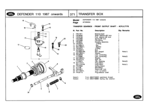 Page 372
DEFENDER
110
1987
onwards

	

371
TRANSFER
BOX

13
________
y
-------------

Model

	

DEFENDER
110
1987
onwards

Page
AFDBIA5A

TRANSFER
GEARBOX
-
FRONT
OUTPUT
SHAFT
-
4CYULTT7S

Note(1)

	

From
28D274402E
(patchlock
thread)
Note(2)

	

From
28D274898E
(spring
clip
retainer)

Ill
.
Part
No
.
Description
Oty
Remarks

4
FRC7871
Bearing-taper
1
5
FRC6030
Shaft
selector-diff
lock
1
6
FRC6109
Fork
selector-diff
lock
1
7
FRC5468
Spring-diff
lock
1
8
FRC5469
Clip-spring
29
FRC8041
Housing
assembly
1
10...