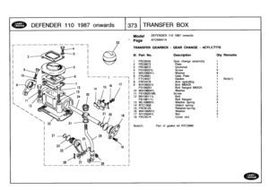 Page 374
DEFENDER
1101987
onwards

	

373
I
TRAN
S
FER
BOX

33

Model

	

DEFENDER
110
1987
onwards

Page
AFDBMA1A

TRANSFER
GEARBOX
-
GEAR
CHANGE
-
4CYULTT7S

Note(1)

	

Part
of
gasket
kit
RTC3890

III
.
Part
No
.
Description
Oty
Remarks

1
FRC9555
Gear
change
assembly
1
2
FRC6873
Plate
1
3
FRC6872Grommet
1
4
FS106201L
Screw
45
WA106041L
Washer
46
FRC8561
Gate
Plate
1
7
FTC4037
Gasket
1
Note(1)
8
FRC5478
Arm
operating
1
9
BH106051L
Bolt
M6X25
1
FS106251
Bolt
flanged
M6X25
1
10
WA106041
L
Washer
1
11...