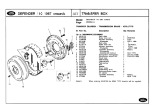 Page 378
DEFENDER
110
1987
onwards

	

377
TRANSFER
BOX

13

Model

Page

DEFENDER
110
1987
onwards

AFDBRA1A

TRANSFER
GEARBOX
-
TRANSMISSION
BRAKE
-
4CYULT77S

Note(1)

	

When
ordering
AEU2734
the
NEW
TYPE
drawlink
will
be
supplied
.

III
.

Up
1

Part
No
.

to
20D290863E,22D290863
AEU2733

Description

Back
plate

Oty

1

Remarks

)
2
RTC3403
Brake
shoe
set
1
)RIVETED
3
37H4558L
Adjuster
assembly
1
)Upto
SG7019L
Kit-adjuster
1
)JULY
1989
1
STC963
Back
plate
1
)
2
RTC6179
Brake
shoe
set
1
)BONDED,
3
STC244...